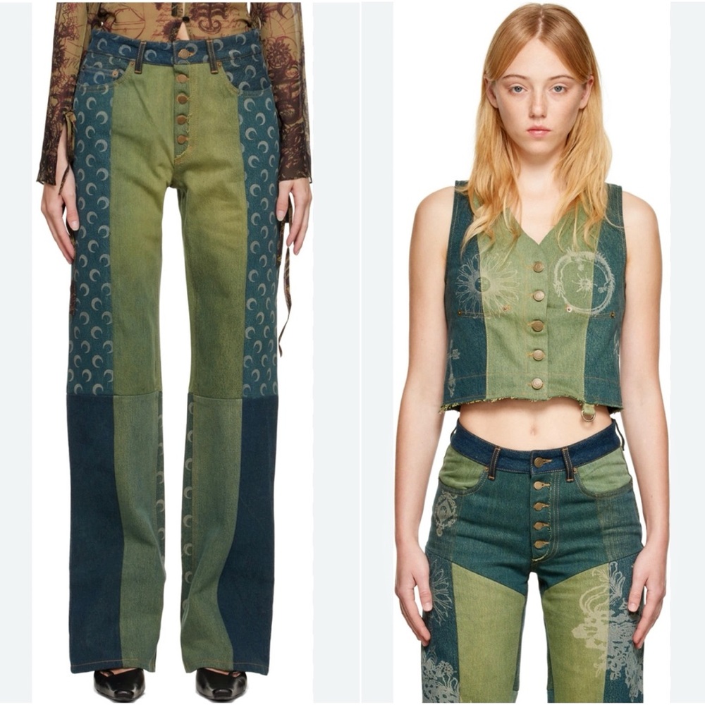 NWT Marine Serre Regenerated Denim Green Moon Jeans & Petrichor Vest Set sz L